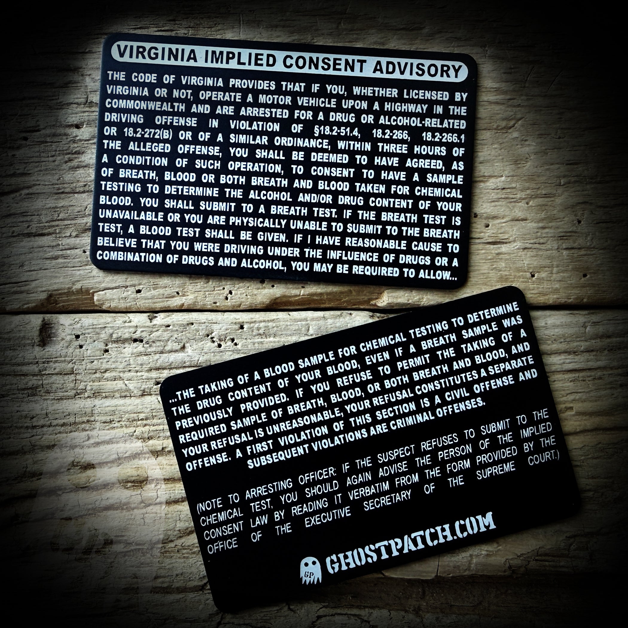 Virginia Implied Consent Advisory Aluminum Card