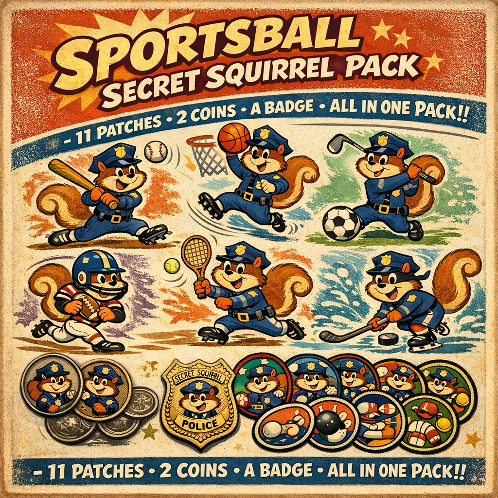Multi Agency Sportsball Secret Squirrel Pack - 23 Total - 11 Patches - 2 Coins - 1 Metal Badge