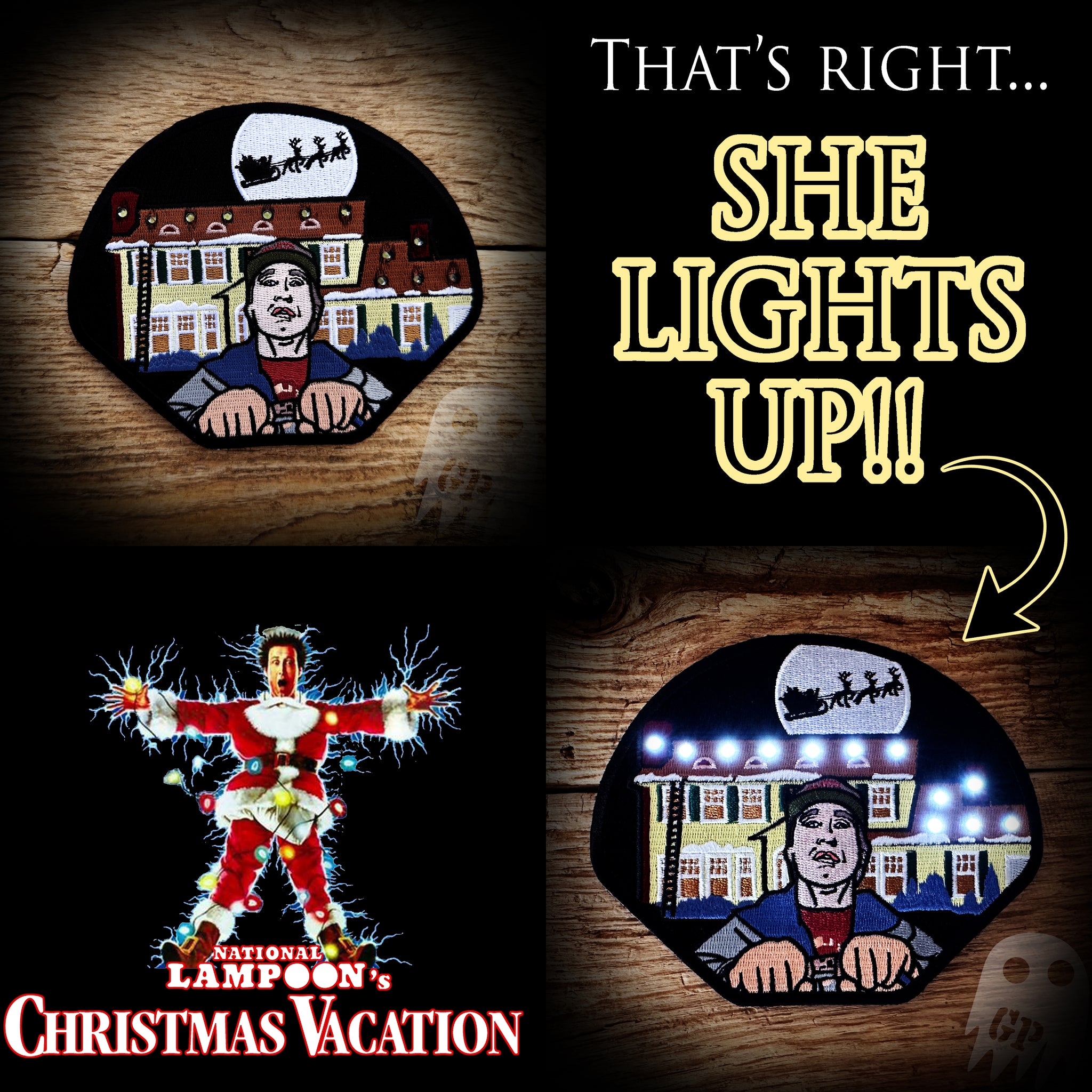 SHE LIGHTS UP!! - National Lampoons Christmas Vacation Lighted Patch - Velcro back