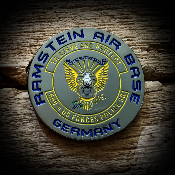 AUTHENTIC - Ramstein Air Base 569th US Forces Police Sq DRE Coin - NOSE SPINS!