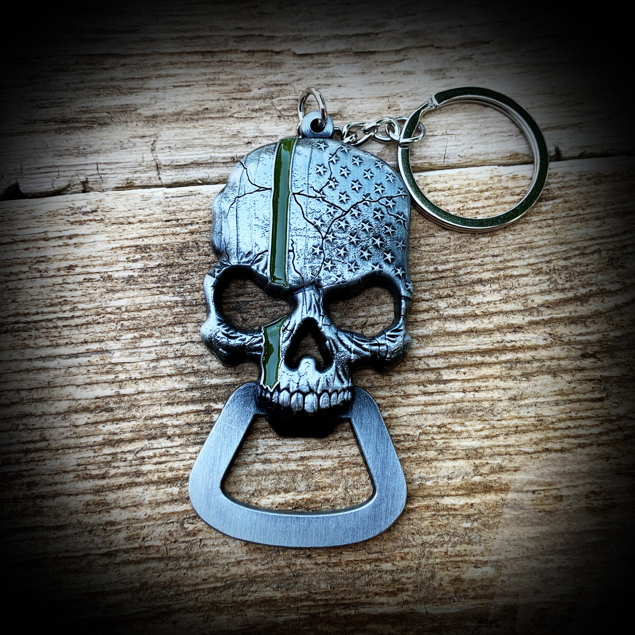 Thin OD Green Line Military Skull Bottle Opener